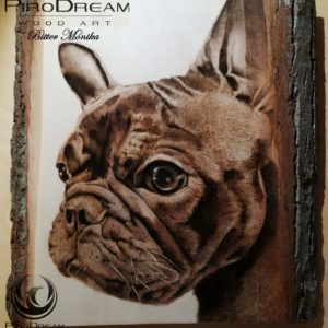 Pirográfia kutya faégetés tűzgrafika portré bulldog