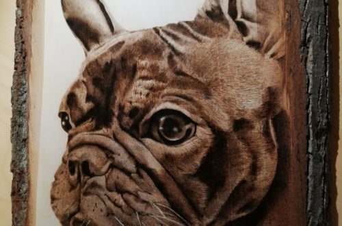 Pirográfia kutya faégetés tűzgrafika portré bulldog